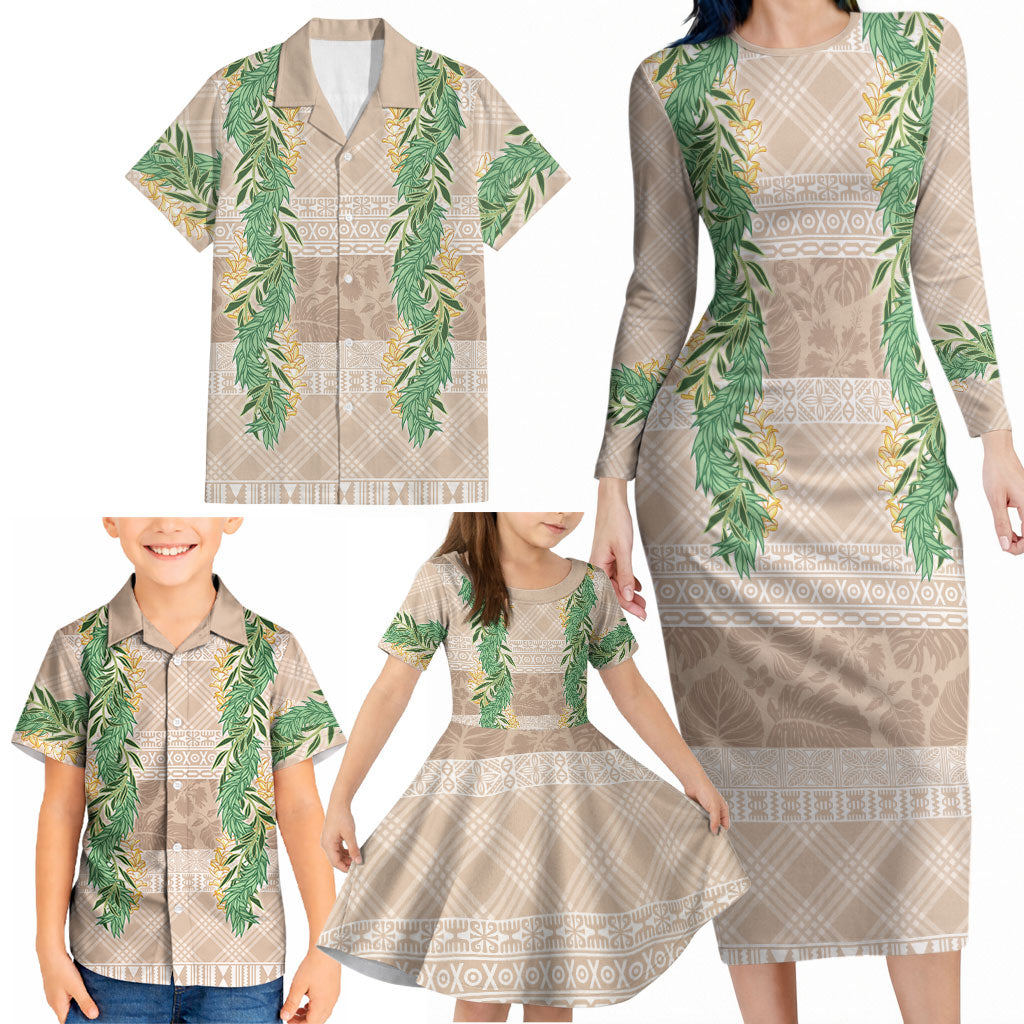 Hawai'i Paniolo Maile Twisted Lei Family Matching Long Sleeve Bodycon Dress and Hawaiian Shirt Almond Brown