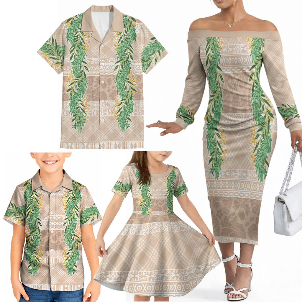 Hawai'i Paniolo Maile Twisted Lei Family Matching Off The Shoulder Long Sleeve Dress and Hawaiian Shirt Almond Brown