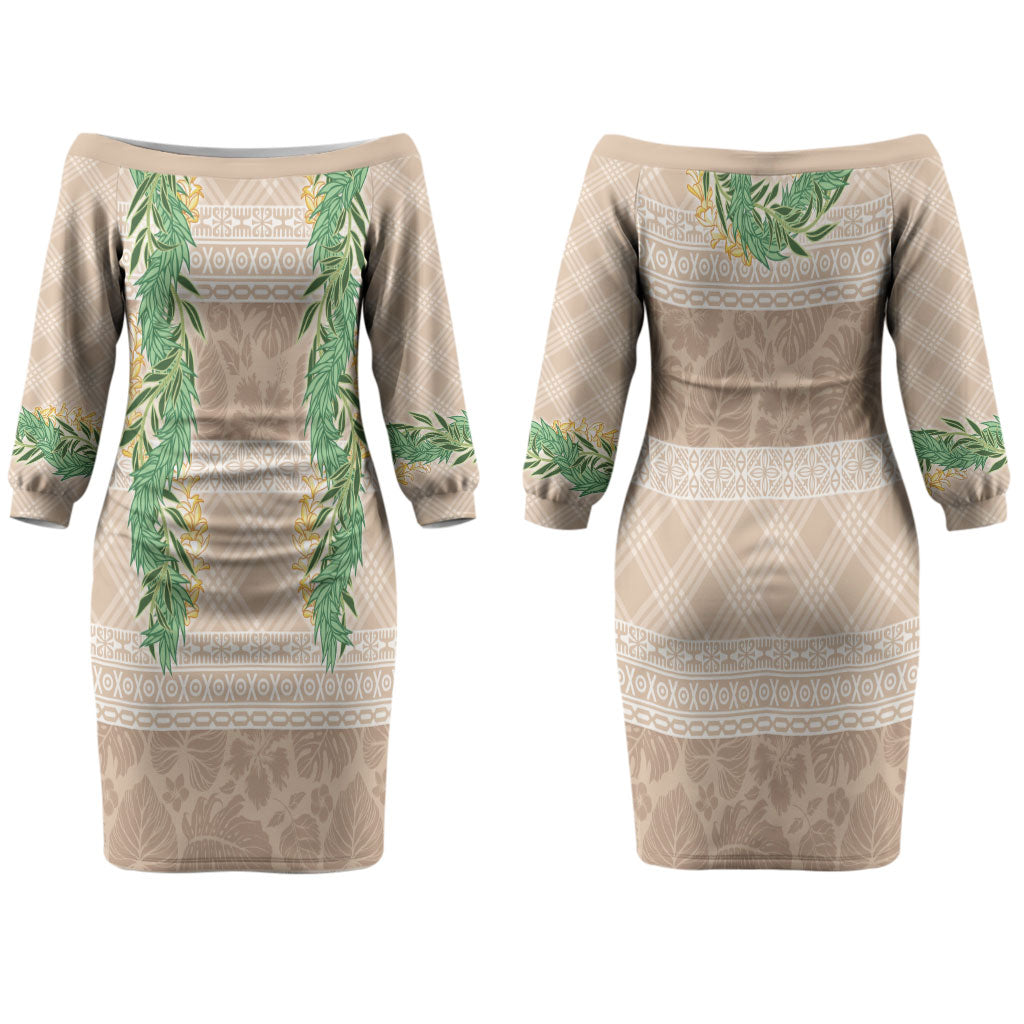 Hawai'i Paniolo Maile Twisted Lei Family Matching Off The Shoulder Long Sleeve Dress and Hawaiian Shirt Almond Brown