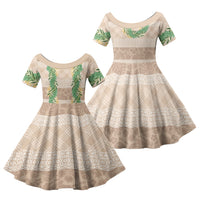 Hawai'i Paniolo Maile Twisted Lei Family Matching Off The Shoulder Long Sleeve Dress and Hawaiian Shirt Almond Brown