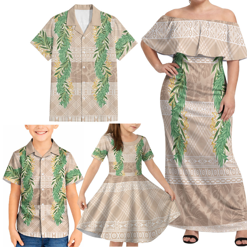 Hawai'i Paniolo Maile Twisted Lei Family Matching Off Shoulder Maxi Dress and Hawaiian Shirt Almond Brown