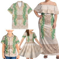 Hawai'i Paniolo Maile Twisted Lei Family Matching Off Shoulder Maxi Dress and Hawaiian Shirt Almond Brown