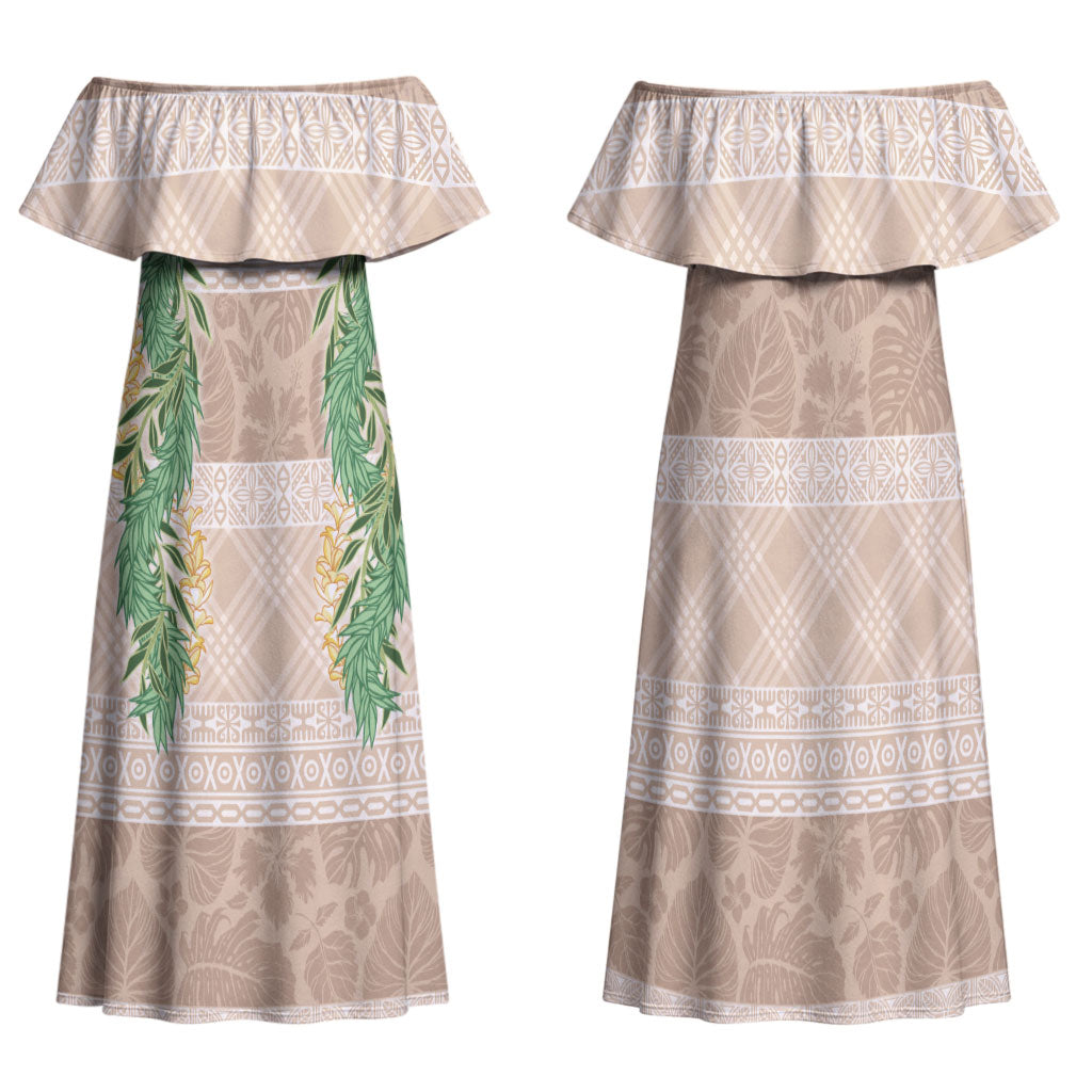 Hawai'i Paniolo Maile Twisted Lei Family Matching Off Shoulder Maxi Dress and Hawaiian Shirt Almond Brown
