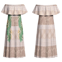 Hawai'i Paniolo Maile Twisted Lei Family Matching Off Shoulder Maxi Dress and Hawaiian Shirt Almond Brown