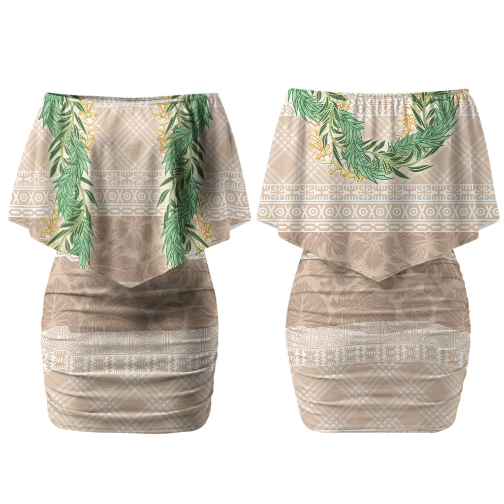 Hawai'i Paniolo Maile Twisted Lei Family Matching Off Shoulder Short Dress and Hawaiian Shirt Almond Brown