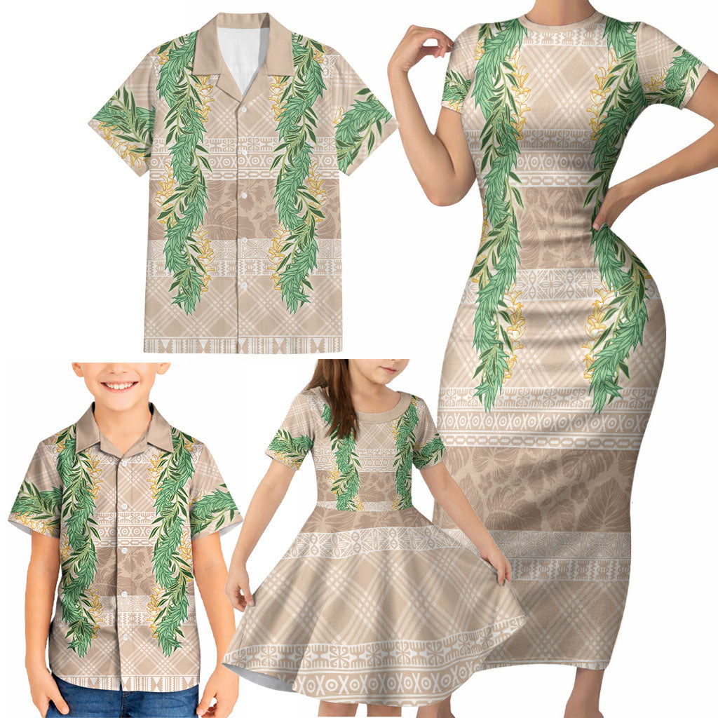 Hawai'i Paniolo Maile Twisted Lei Family Matching Short Sleeve Bodycon Dress and Hawaiian Shirt Almond Brown