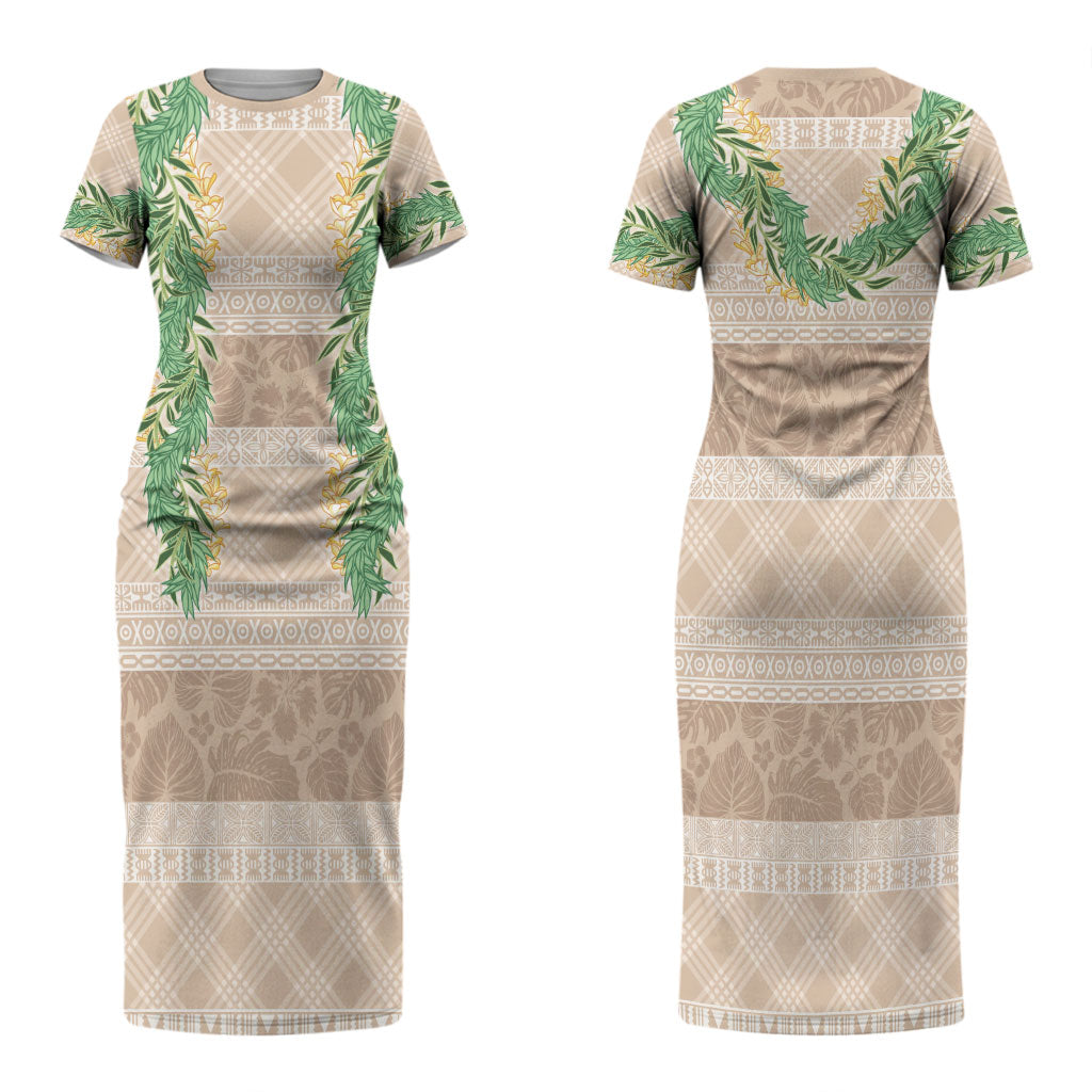 Hawai'i Paniolo Maile Twisted Lei Family Matching Short Sleeve Bodycon Dress and Hawaiian Shirt Almond Brown