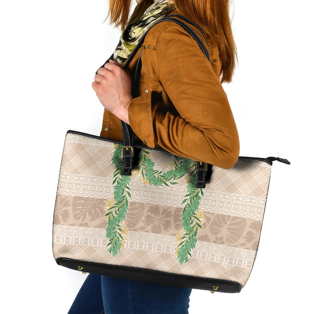 Hawai'i Paniolo Maile Twisted Lei Leather Tote Bag Almond Brown LT7 Brown - Polynesian Pride