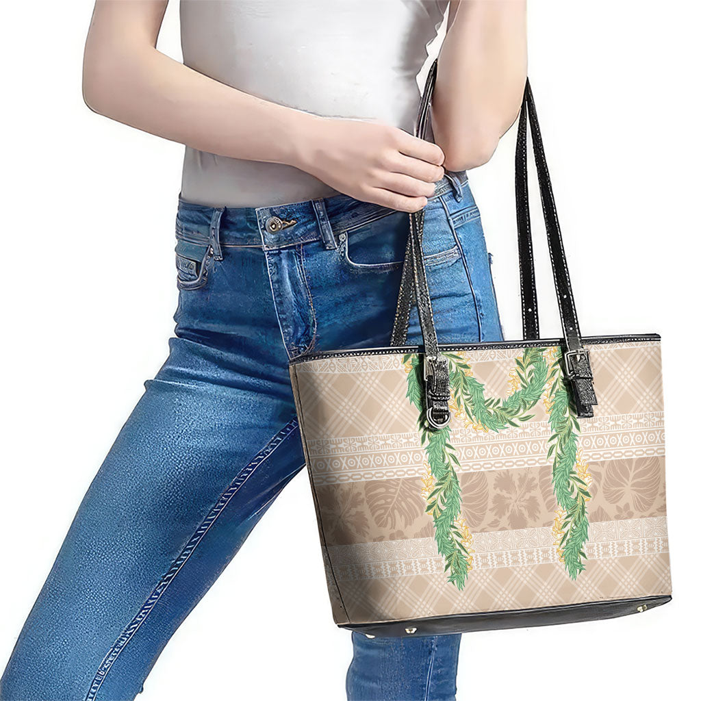 Hawai'i Paniolo Maile Twisted Lei Leather Tote Bag Almond Brown