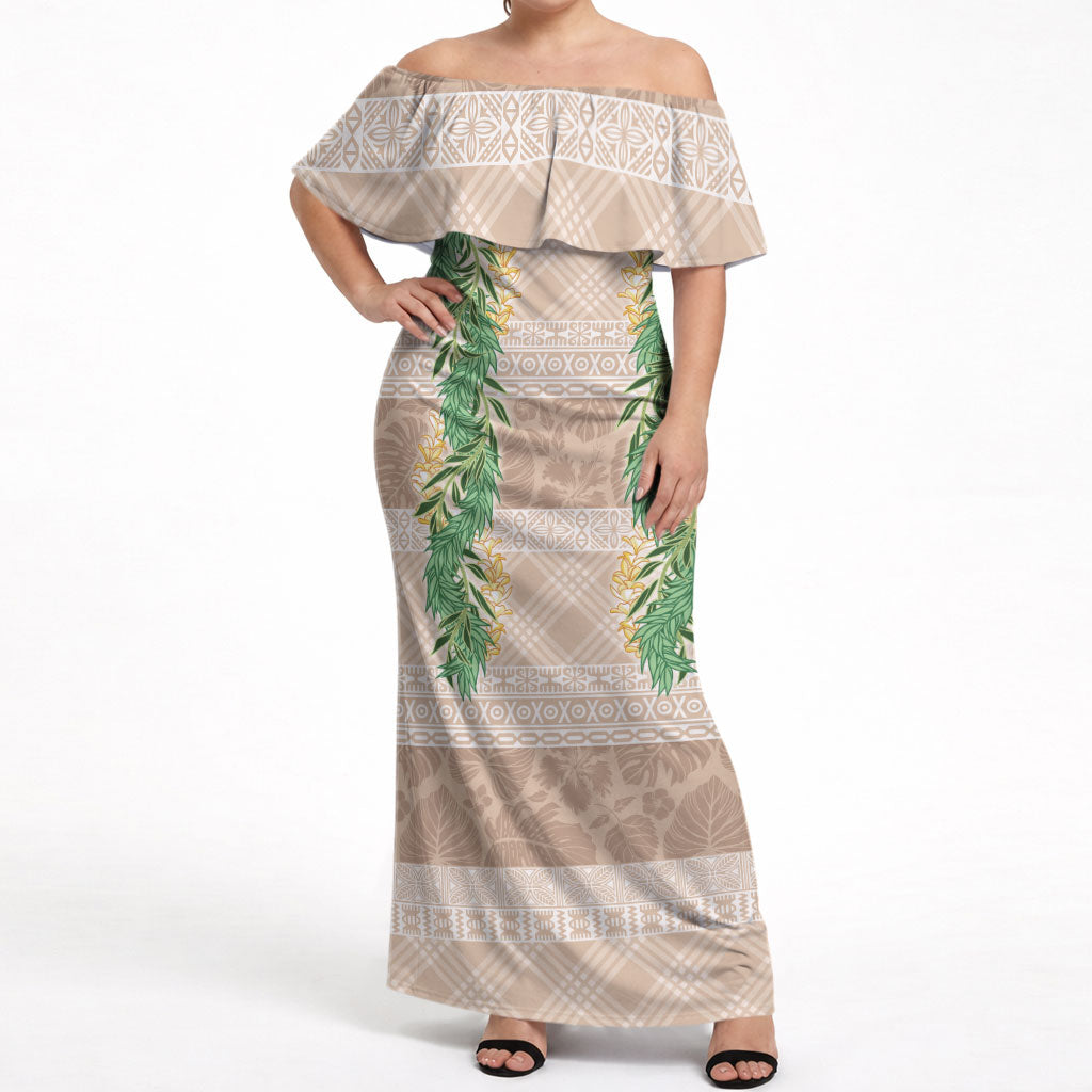 Hawai'i Paniolo Maile Twisted Lei Off Shoulder Maxi Dress Almond Brown