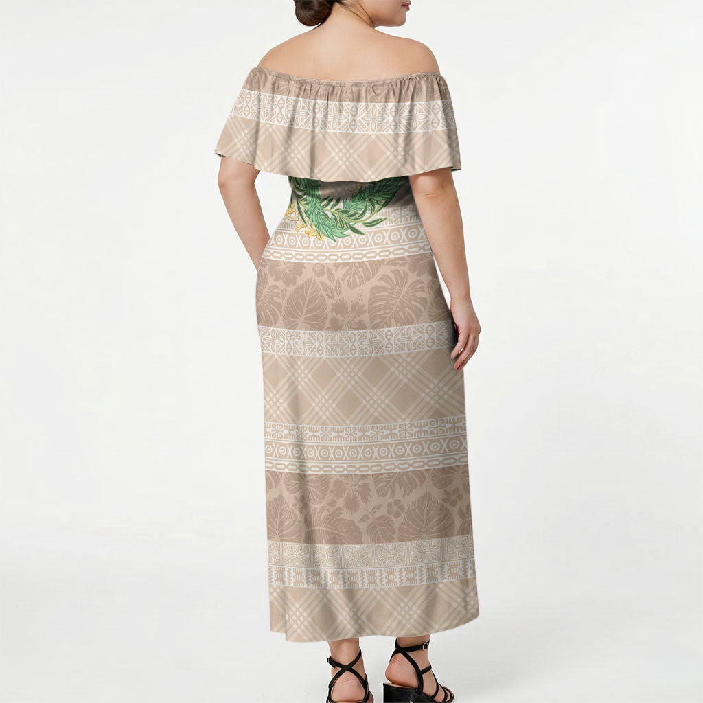 Hawai'i Paniolo Maile Twisted Lei Off Shoulder Maxi Dress Almond Brown