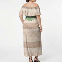 Hawai'i Paniolo Maile Twisted Lei Off Shoulder Maxi Dress Almond Brown