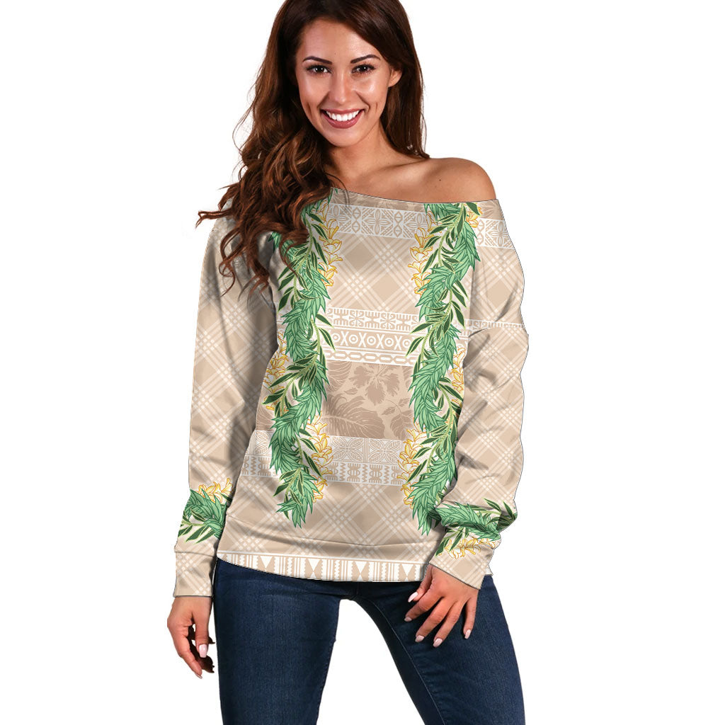 Hawai'i Paniolo Maile Twisted Lei Off Shoulder Sweater Almond Brown LT7 Women Brown - Polynesian Pride