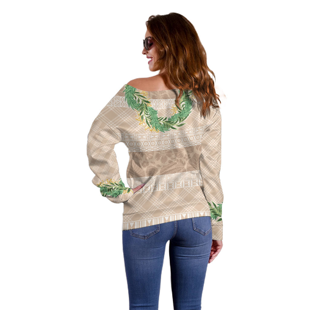 Hawai'i Paniolo Maile Twisted Lei Off Shoulder Sweater Almond Brown LT7 - Polynesian Pride