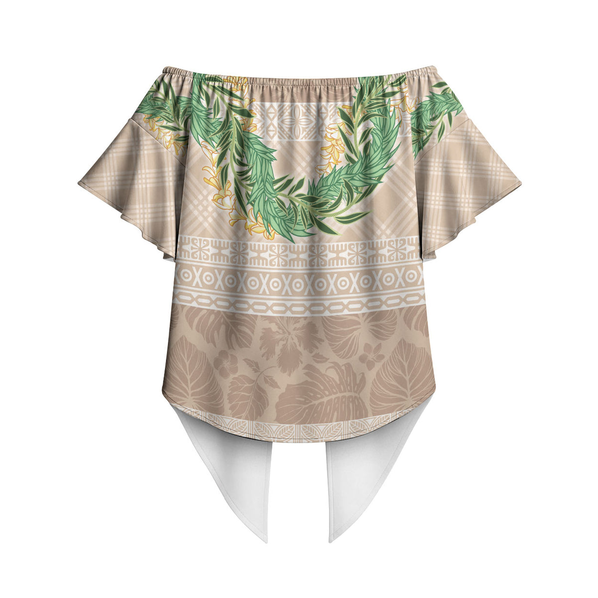 Hawai'i Paniolo Maile Twisted Lei Off Shoulder Wrap Waist Top Almond Brown
