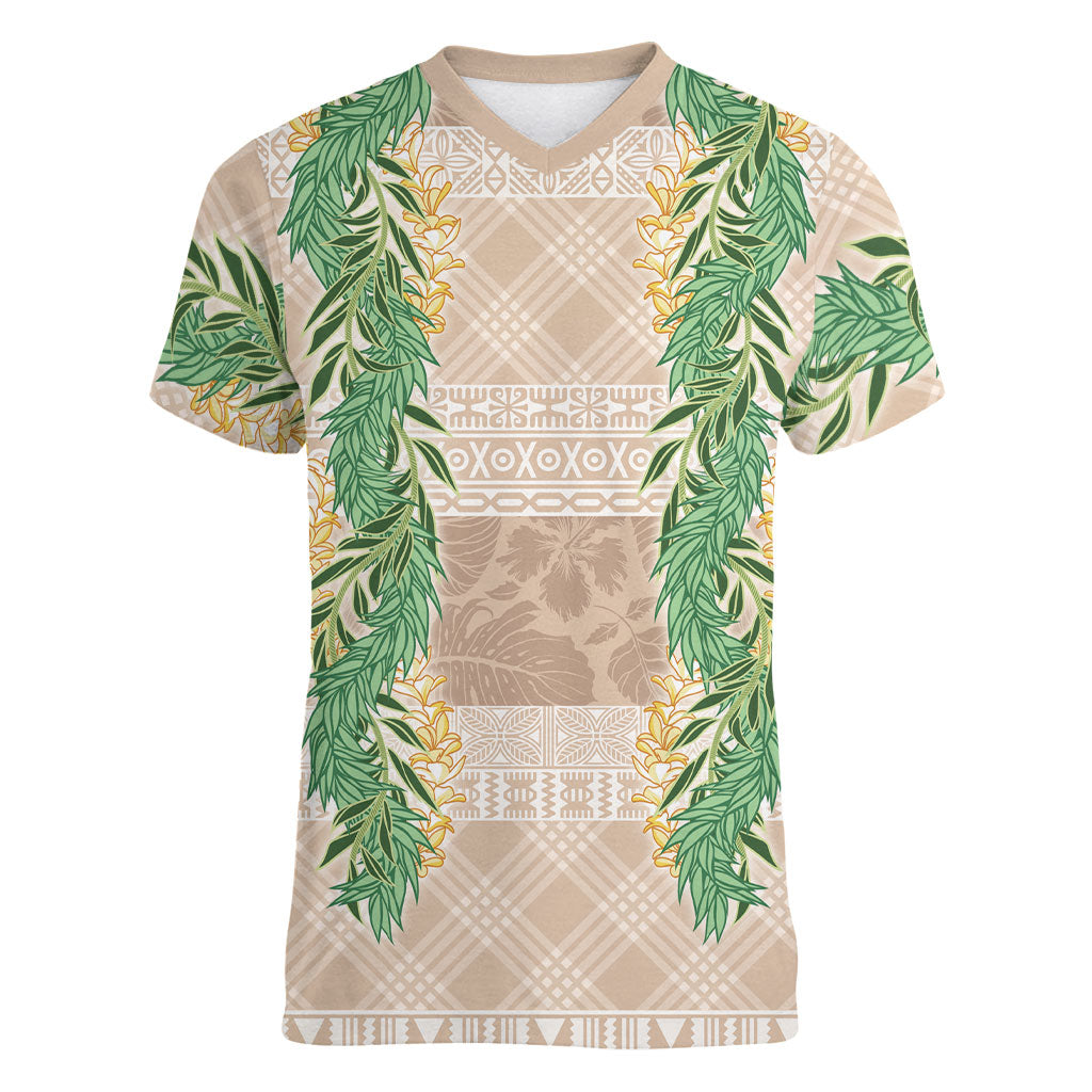 Hawai'i Paniolo Maile Twisted Lei Women V-Neck T-Shirt Almond Brown