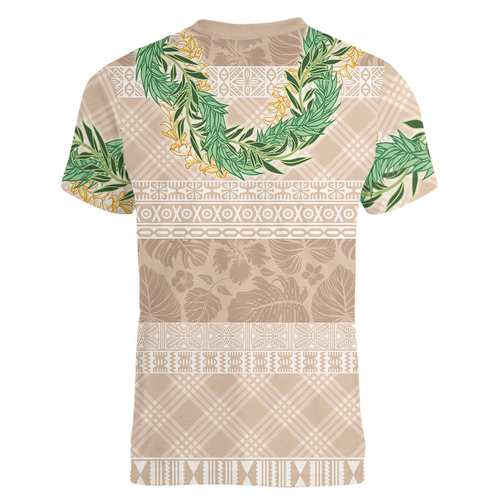 Hawai'i Paniolo Maile Twisted Lei Women V-Neck T-Shirt Almond Brown