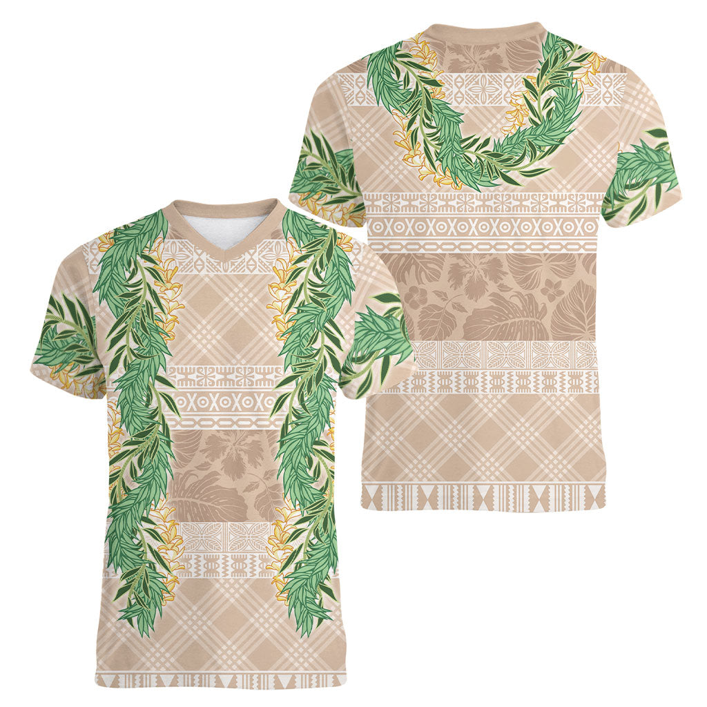 Hawai'i Paniolo Maile Twisted Lei Women V-Neck T-Shirt Almond Brown