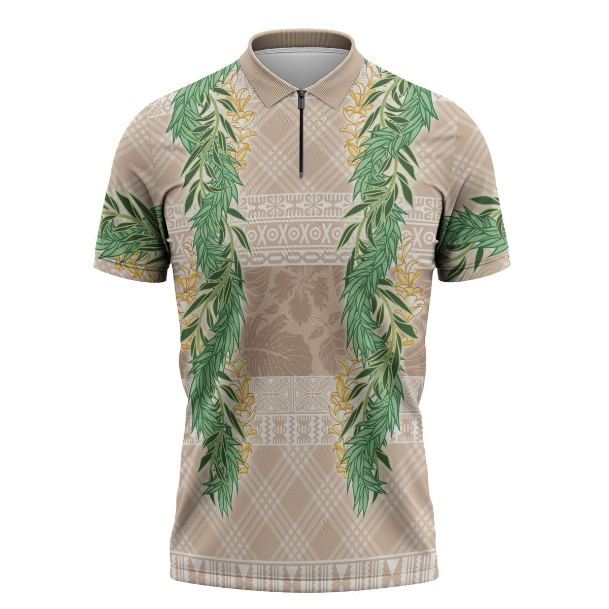 Hawai'i Paniolo Maile Twisted Lei Zipper Polo Shirt Almond Brown