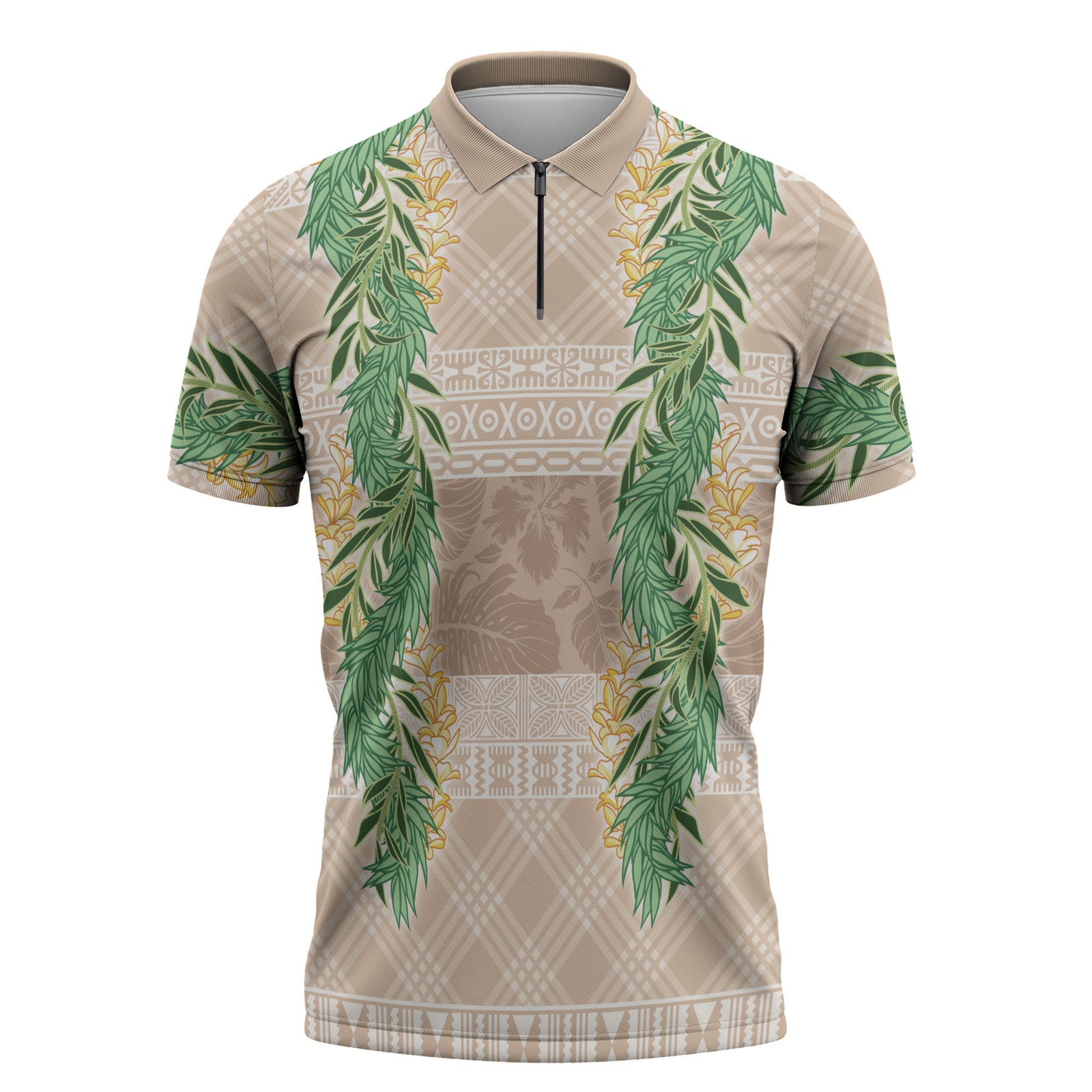 Hawai'i Paniolo Maile Twisted Lei Zipper Polo Shirt Almond Brown LT7 Brown - Polynesian Pride