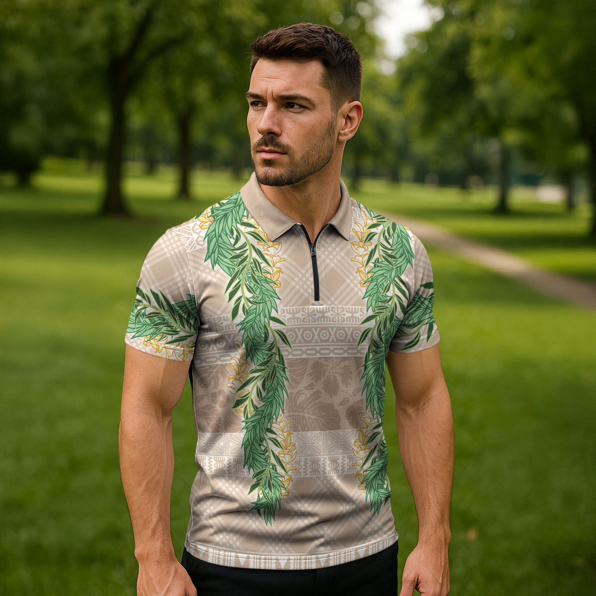 Hawai'i Paniolo Maile Twisted Lei Zipper Polo Shirt Almond Brown