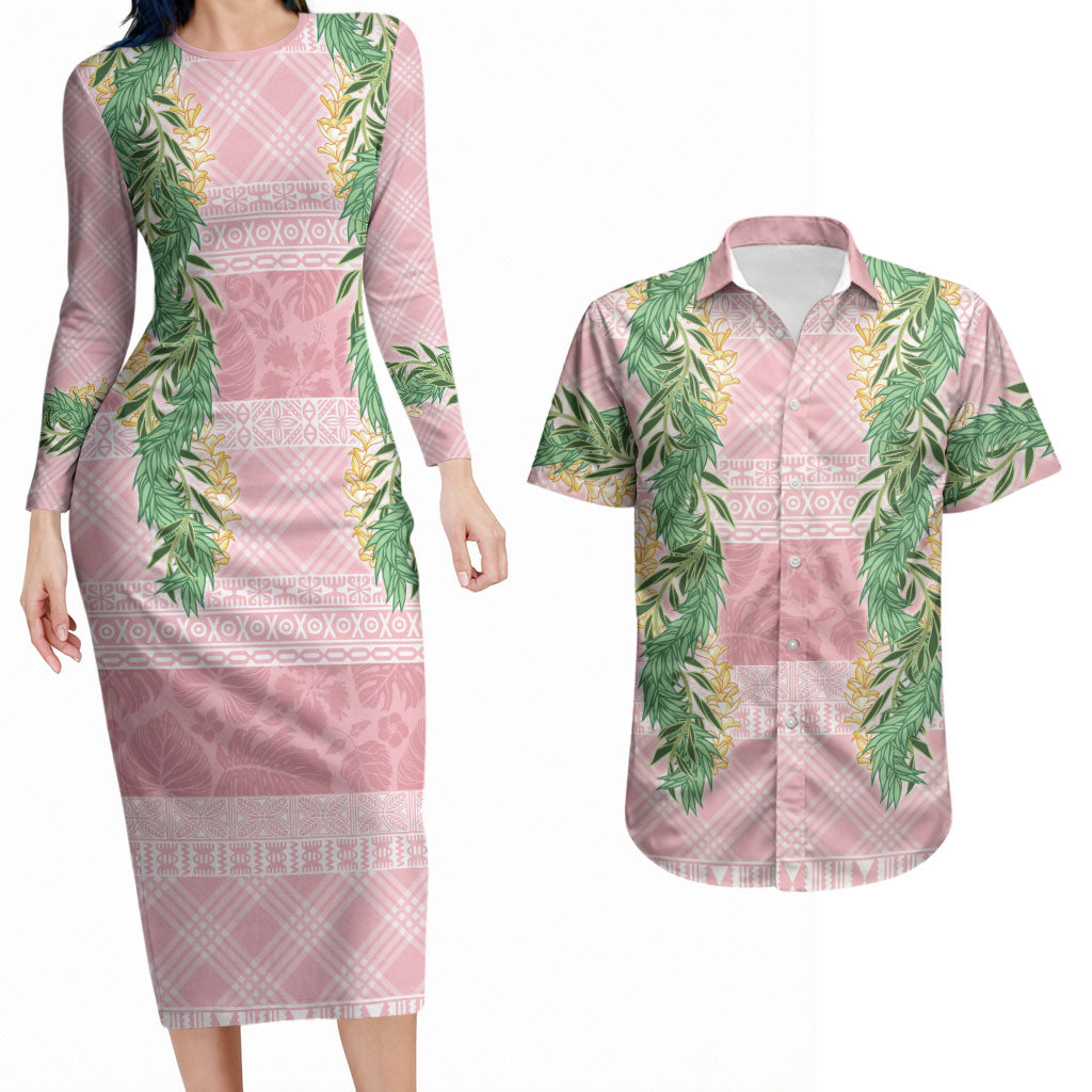 Hawai'i Paniolo Maile Twisted Lei Couples Matching Long Sleeve Bodycon Dress and Hawaiian Shirt Dusty Rose LT7 Dusty Rose - Polynesian Pride