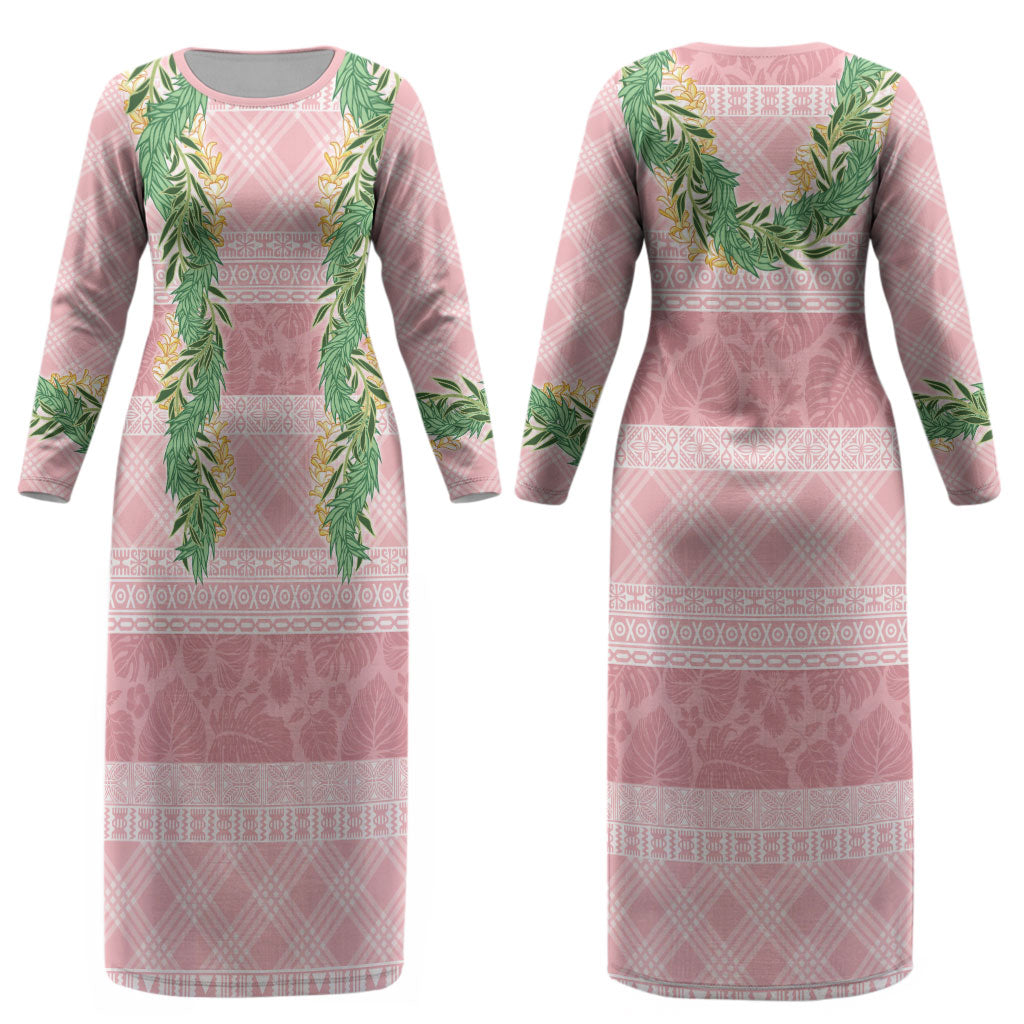 Hawai'i Paniolo Maile Twisted Lei Couples Matching Long Sleeve Bodycon Dress and Hawaiian Shirt Dusty Rose