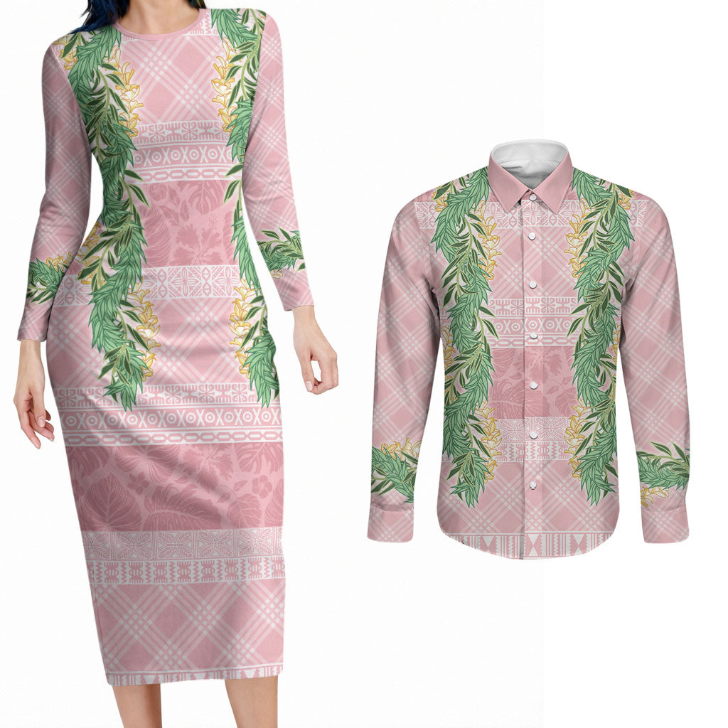 Hawai'i Paniolo Maile Twisted Lei Couples Matching Long Sleeve Bodycon Dress and Long Sleeve Button Shirt Dusty Rose