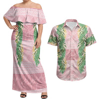 Hawai'i Paniolo Maile Twisted Lei Couples Matching Off Shoulder Maxi Dress and Hawaiian Shirt Dusty Rose