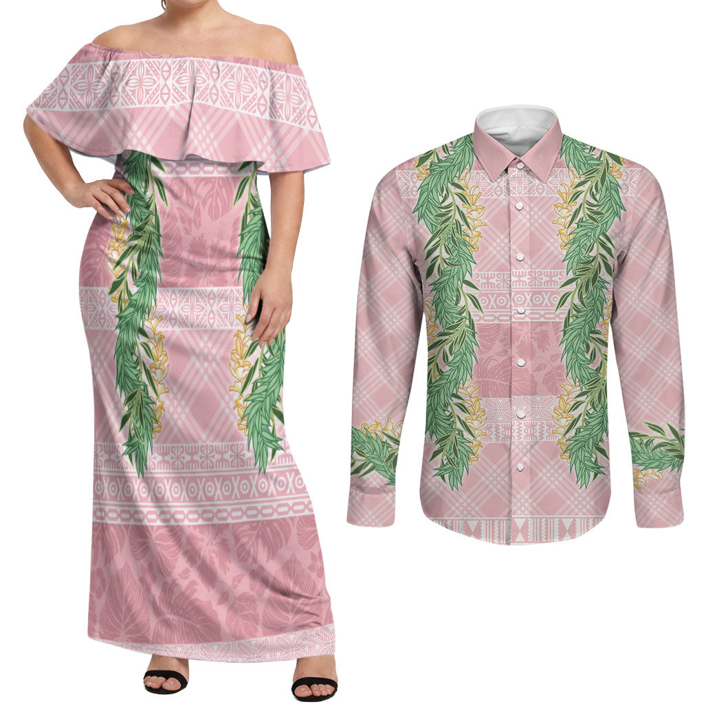 Hawai'i Paniolo Maile Twisted Lei Couples Matching Off Shoulder Maxi Dress and Long Sleeve Button Shirt Dusty Rose