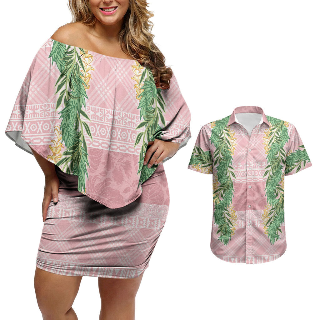 Hawai'i Paniolo Maile Twisted Lei Couples Matching Off Shoulder Short Dress and Hawaiian Shirt Dusty Rose