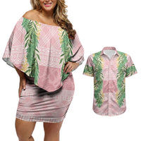 Hawai'i Paniolo Maile Twisted Lei Couples Matching Off Shoulder Short Dress and Hawaiian Shirt Dusty Rose