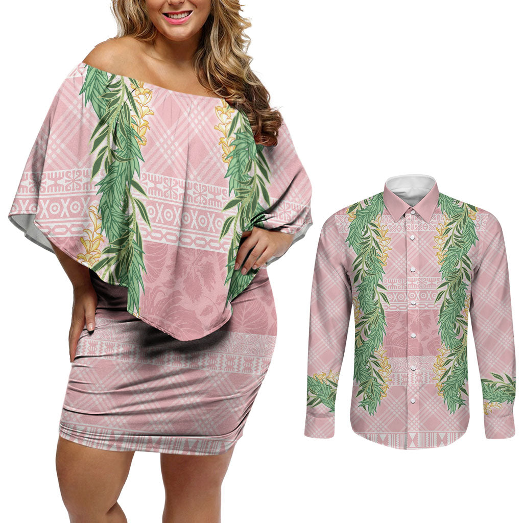 Hawai'i Paniolo Maile Twisted Lei Couples Matching Off Shoulder Short Dress and Long Sleeve Button Shirt Dusty Rose