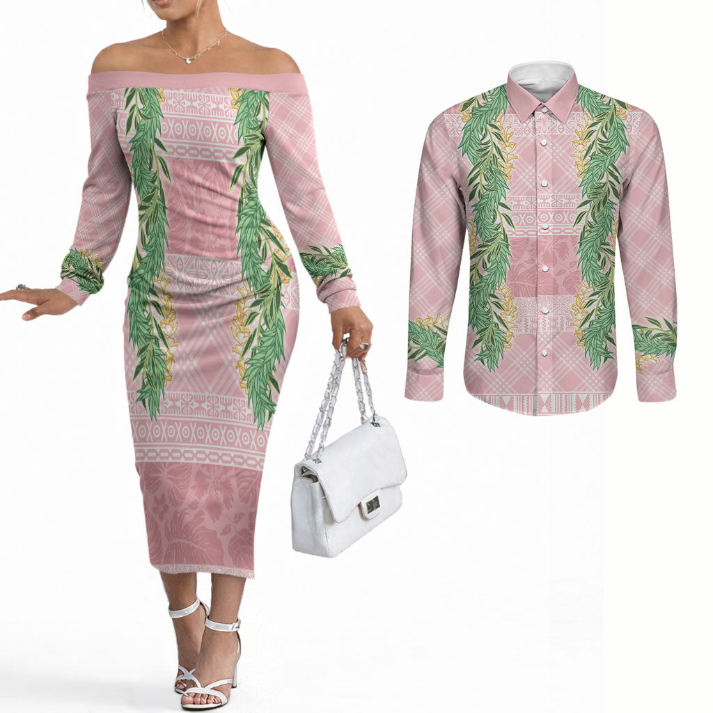 Hawai'i Paniolo Maile Twisted Lei Couples Matching Off The Shoulder Long Sleeve Dress and Long Sleeve Button Shirt Dusty Rose