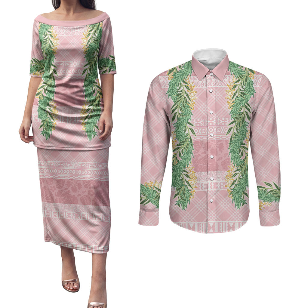 Hawai'i Paniolo Maile Twisted Lei Couples Matching Puletasi and Long Sleeve Button Shirt Dusty Rose LT7 Dusty Rose - Polynesian Pride