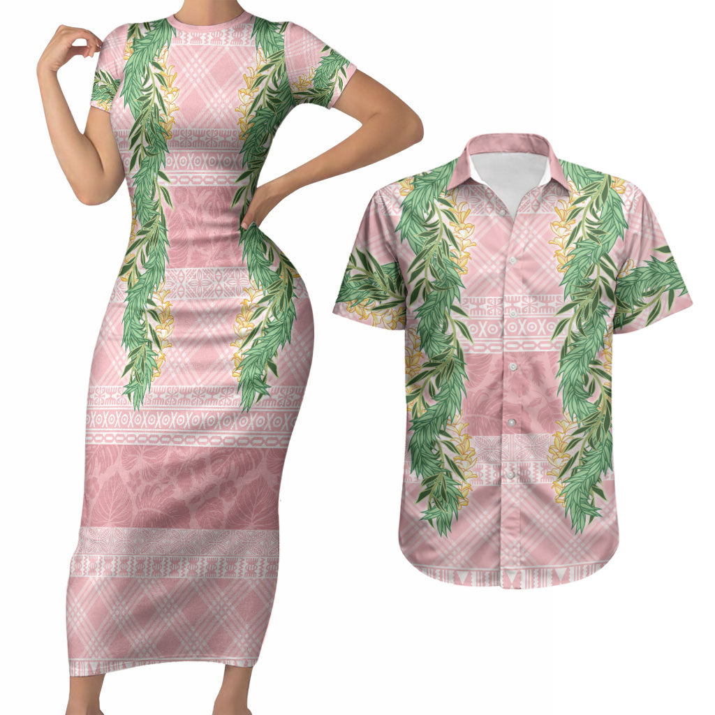 Hawai'i Paniolo Maile Twisted Lei Couples Matching Short Sleeve Bodycon Dress and Hawaiian Shirt Dusty Rose