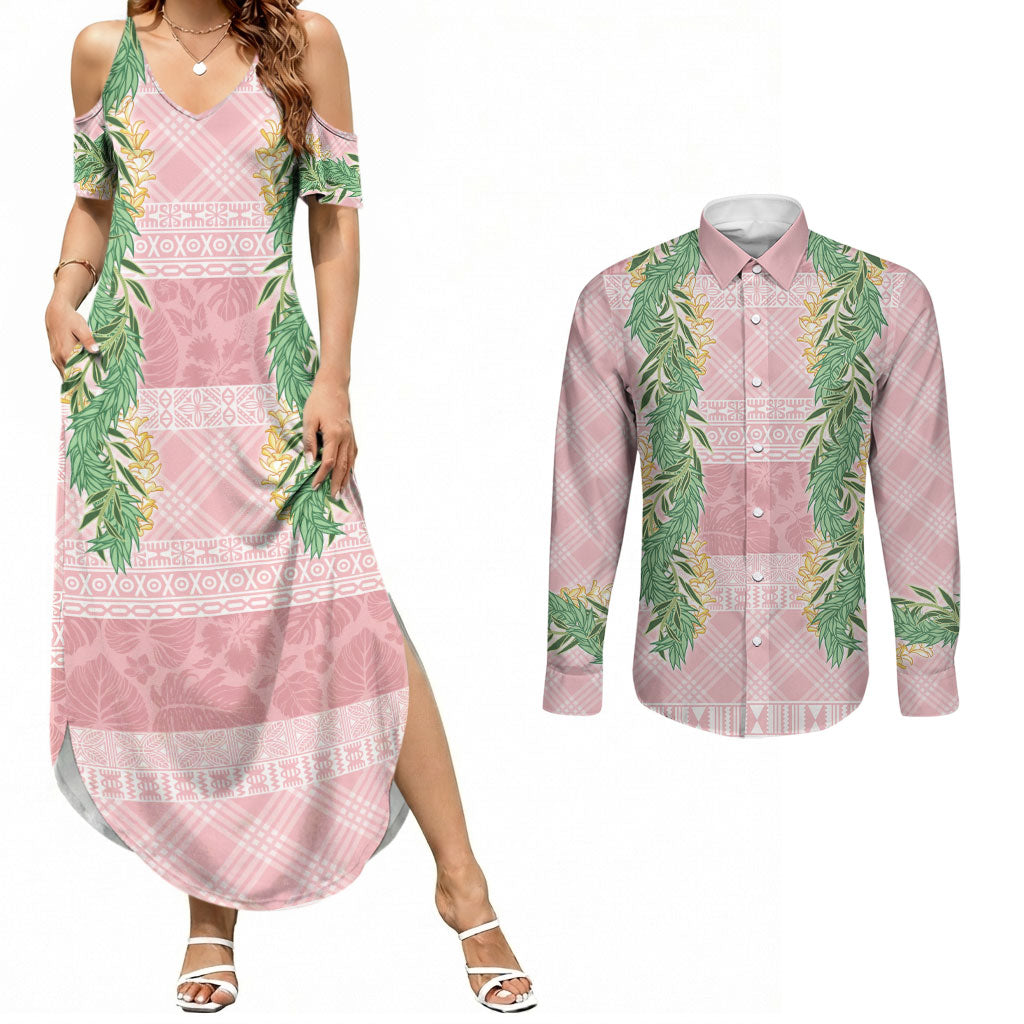 Hawai'i Paniolo Maile Twisted Lei Couples Matching Summer Maxi Dress and Long Sleeve Button Shirt Dusty Rose