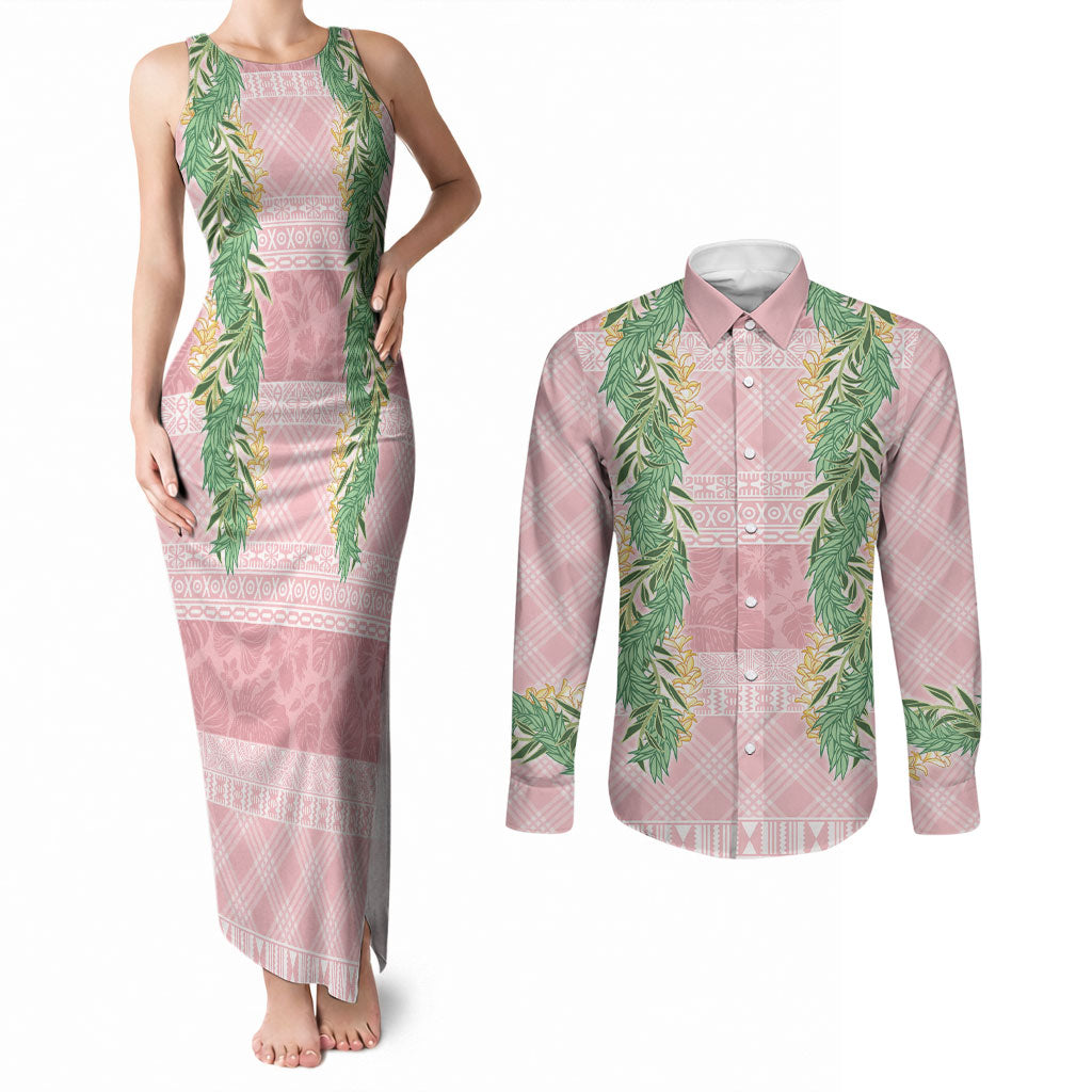 Hawai'i Paniolo Maile Twisted Lei Couples Matching Tank Maxi Dress and Long Sleeve Button Shirt Dusty Rose