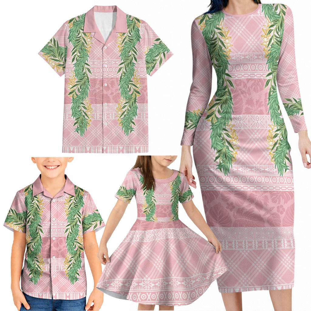 Hawai'i Paniolo Maile Twisted Lei Family Matching Long Sleeve Bodycon Dress and Hawaiian Shirt Dusty Rose