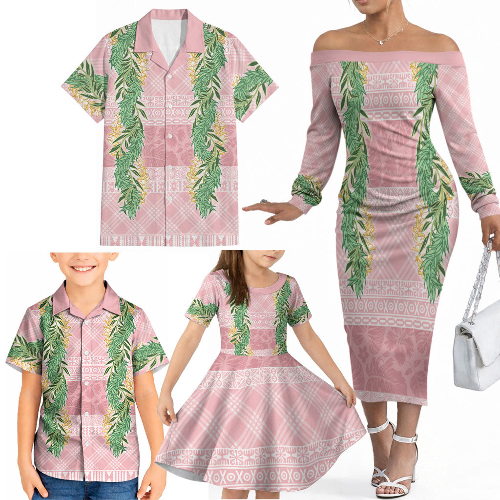 Hawai'i Paniolo Maile Twisted Lei Family Matching Off The Shoulder Long Sleeve Dress and Hawaiian Shirt Dusty Rose
