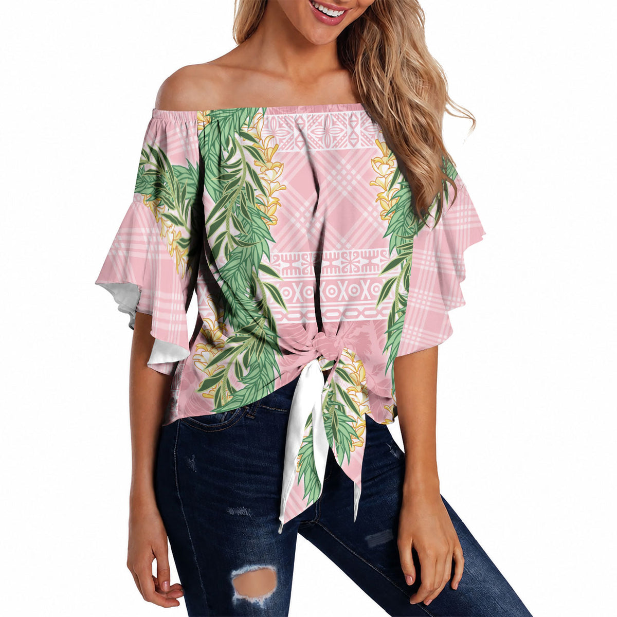 Hawai'i Paniolo Maile Twisted Lei Off Shoulder Wrap Waist Top Dusty Rose