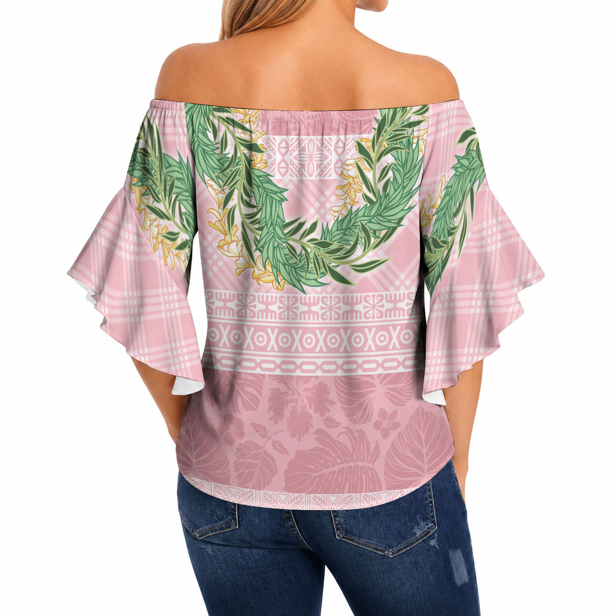 Hawai'i Paniolo Maile Twisted Lei Off Shoulder Wrap Waist Top Dusty Rose
