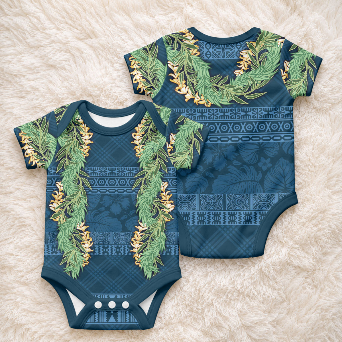 Hawai'i Paniolo Maile Twisted Lei Baby Onesie Cobalt Blue