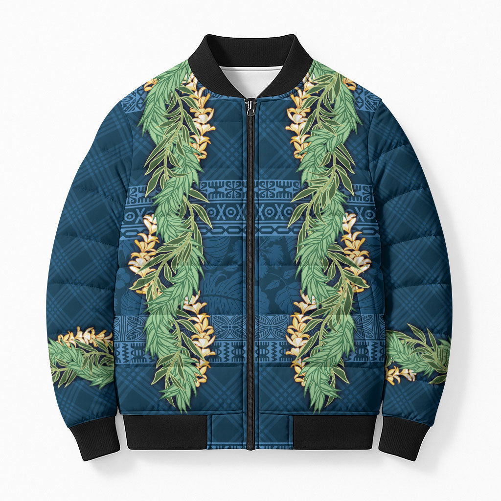 Hawai'i Paniolo Maile Twisted Lei Bomber Puffer Jacket Cobalt Blue