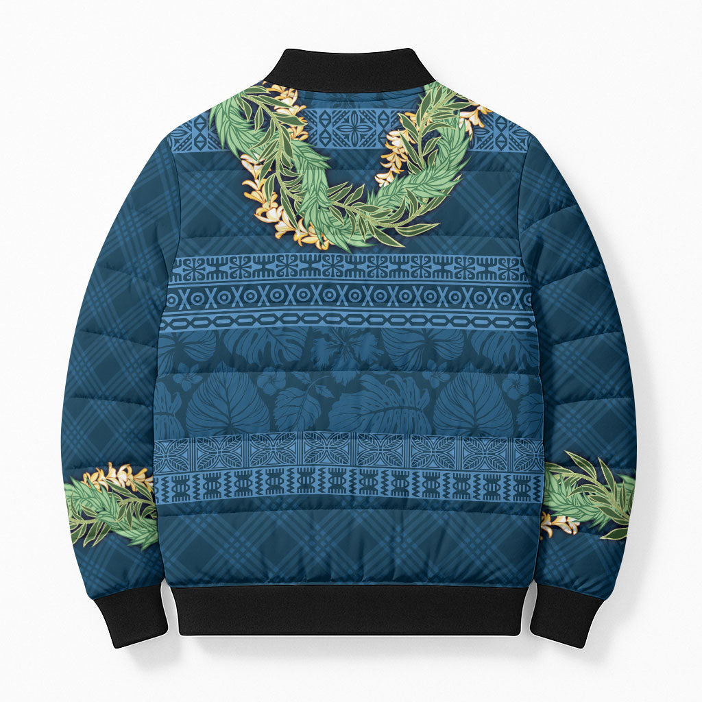 Hawai'i Paniolo Maile Twisted Lei Bomber Puffer Jacket Cobalt Blue