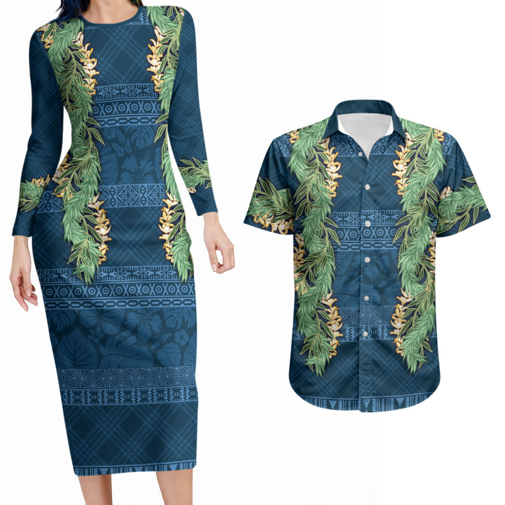 Hawai'i Paniolo Maile Twisted Lei Couples Matching Long Sleeve Bodycon Dress and Hawaiian Shirt Cobalt Blue