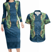 Hawai'i Paniolo Maile Twisted Lei Couples Matching Long Sleeve Bodycon Dress and Hawaiian Shirt Cobalt Blue