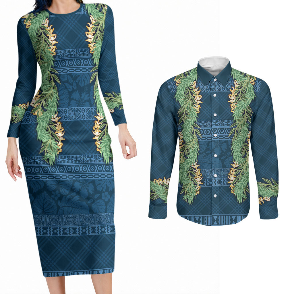Hawai'i Paniolo Maile Twisted Lei Couples Matching Long Sleeve Bodycon Dress and Long Sleeve Button Shirt Cobalt Blue LT7 Cobalt Blue - Polynesian Pride
