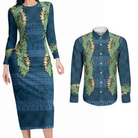 Hawai'i Paniolo Maile Twisted Lei Couples Matching Long Sleeve Bodycon Dress and Long Sleeve Button Shirt Cobalt Blue