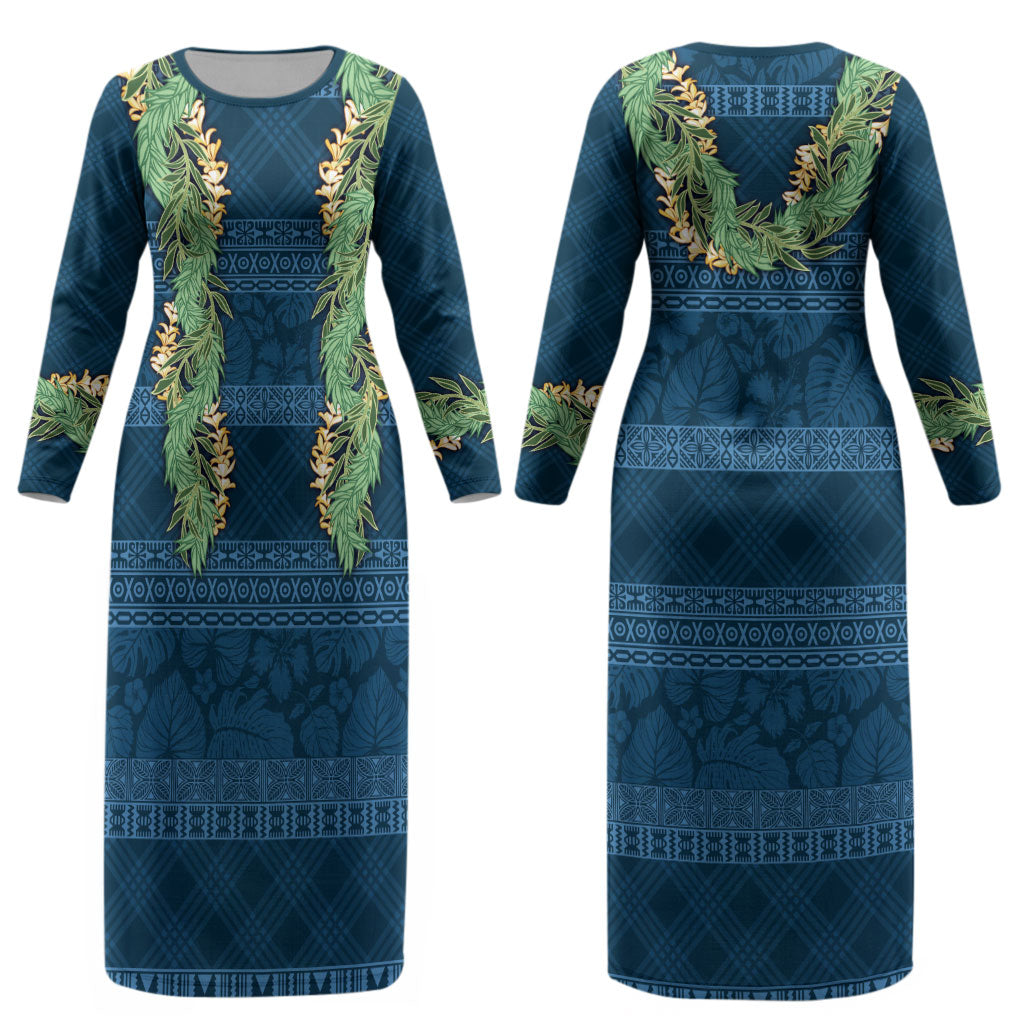 Hawai'i Paniolo Maile Twisted Lei Couples Matching Long Sleeve Bodycon Dress and Long Sleeve Button Shirt Cobalt Blue